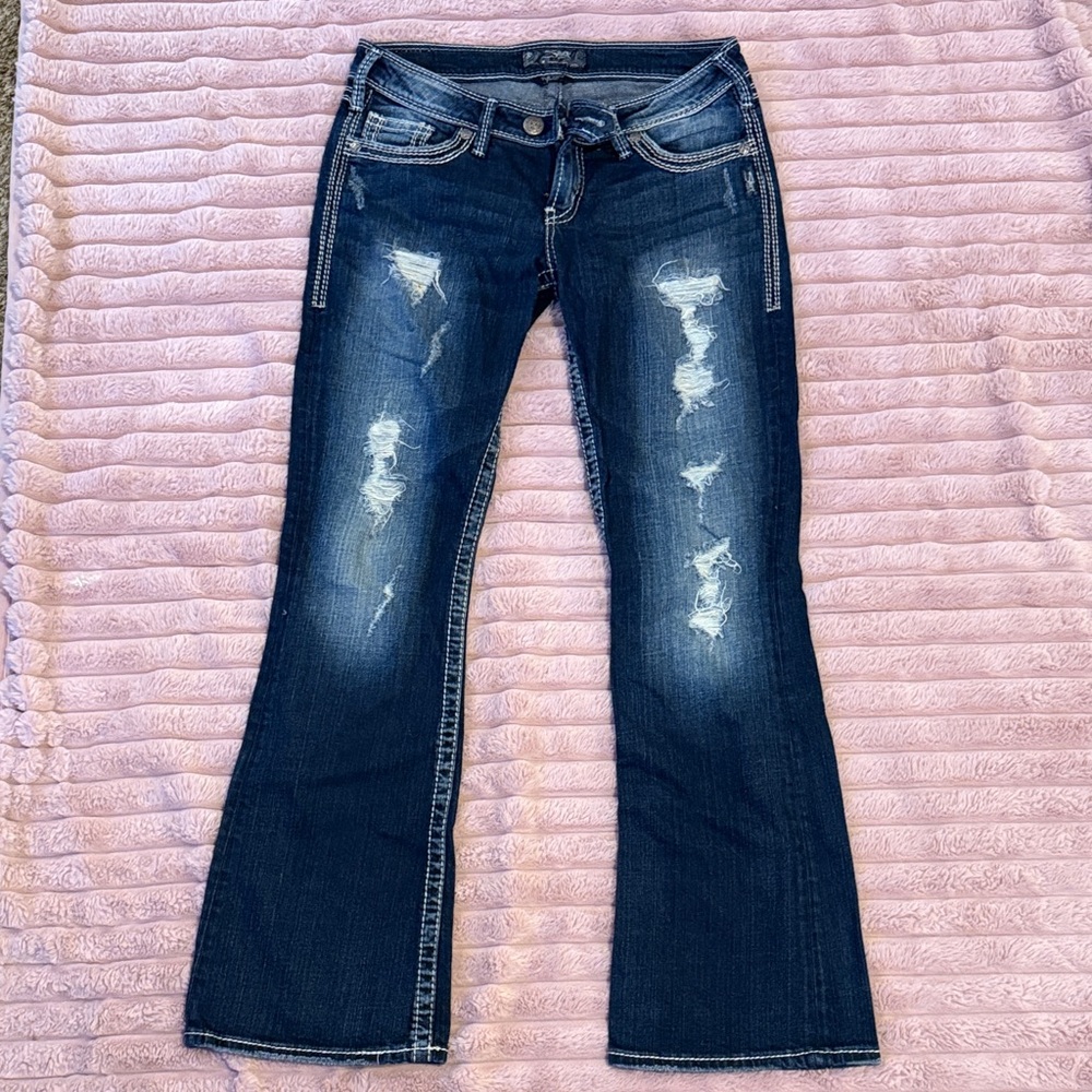 Silver Jeans Dark Blue Distressed Flare Jeans 29 x 31